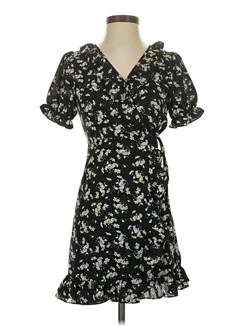Black Floral Wrap Dress with Ruffle Hem